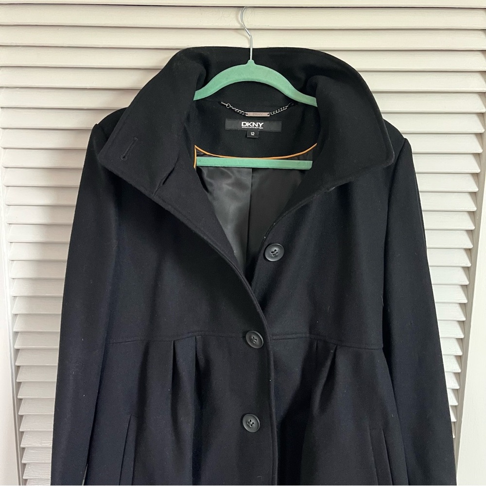 NWT DKNY Black Wool Princess Seamed Hooded Coat